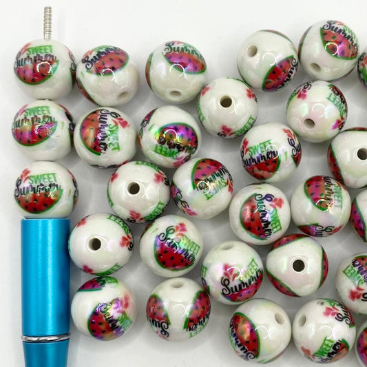 Sweet Summer Watermelon Printed Glossy Acrylic Beads With UV Finish,16mm,Random Mix