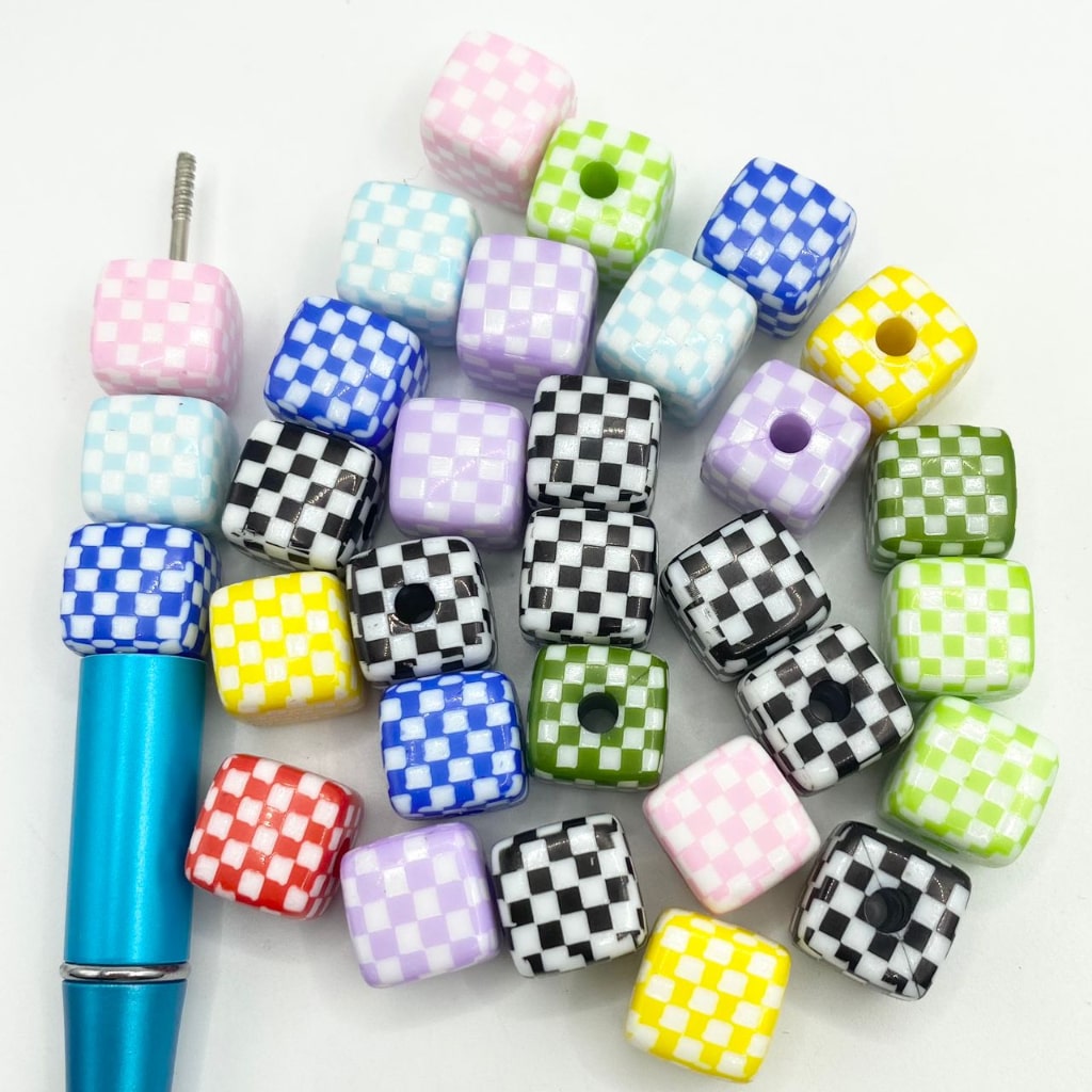 Solid Color Checkboard Cube at Square Acrylic Beads ,13mm, Random Mix