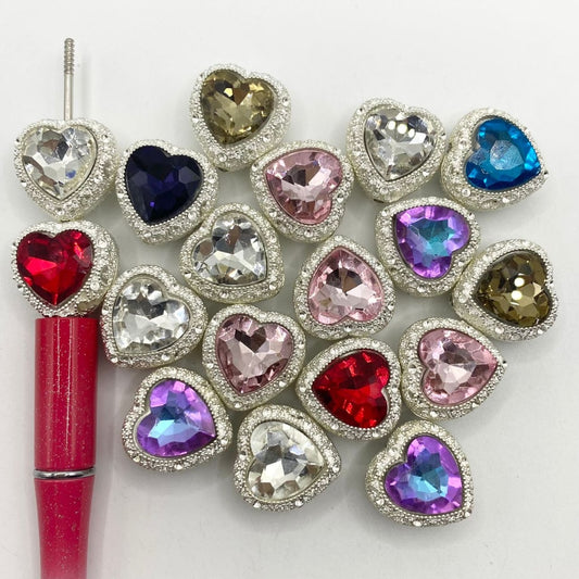 Silver Heart Shaped Hollow Alloy & Metal Acrylic Beads with Heart Rhinestones, 20mm,JD