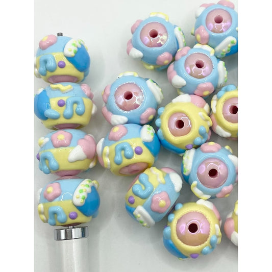 Blue And Yellow Acrylic Beads With Hand Painted IceCream ,Flowers And Note,Random Mix ,16mm,CT