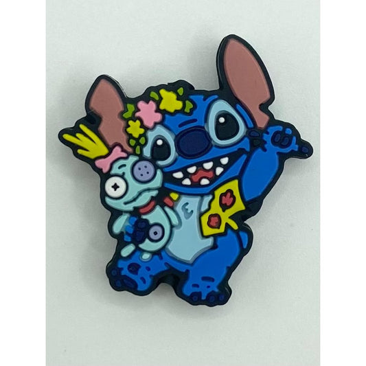 Blue Monster Stitch With Flower Holding Doll Silicone Focal Beads