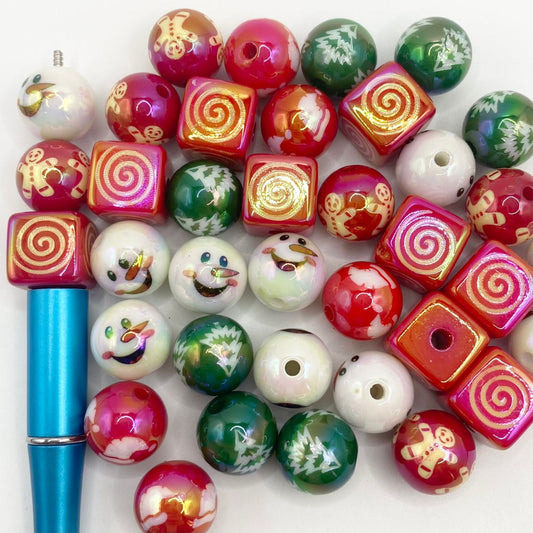 Christimas Theme Printed Acrylic Beads ,16mm,Random Mix ,WQ