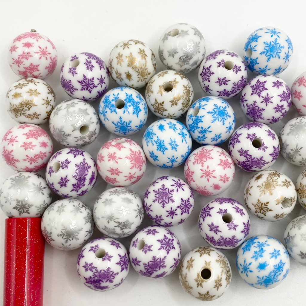 Christmas Snowflake Printed Beads ,16mm,Random Mix ,YH