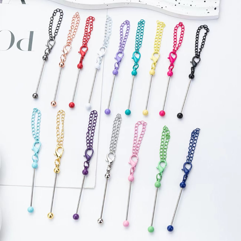 Metal Beadable Keychain Bars with Chain and Lobster Clasp in Solid Colors,178mm,Random Mix