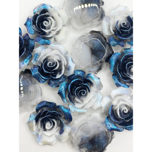 3D Rose Flower In Black & White Ombre Color With Blue Glitter Acrylic Charms ,36mm