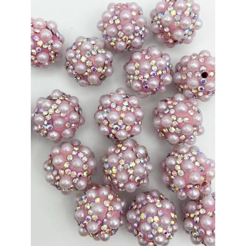 White & Pink Clay Beads with Flat Back Pearls and AB Rhinestones,16mm